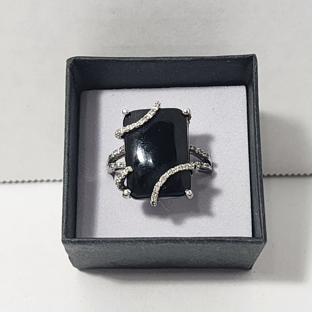 Sterling Silver Natural Black Onyx & Rhinestone Elegant Cocktail Ring USSz9/19mm